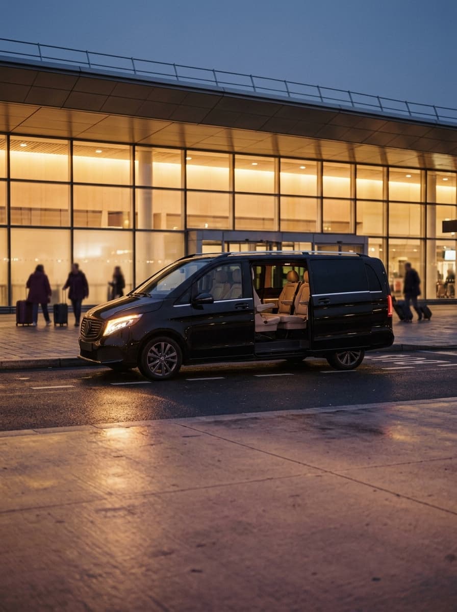 Van noir, portière ouverte, devant un terminal d'aéroport au petit matin