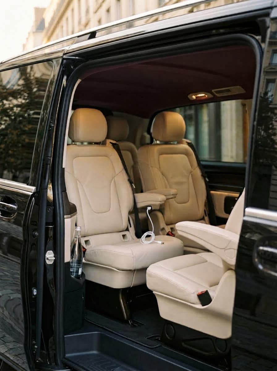 Intérieur du van : sièges en cuir crème, bouteille d'eau et câble de chargeur de téléphone