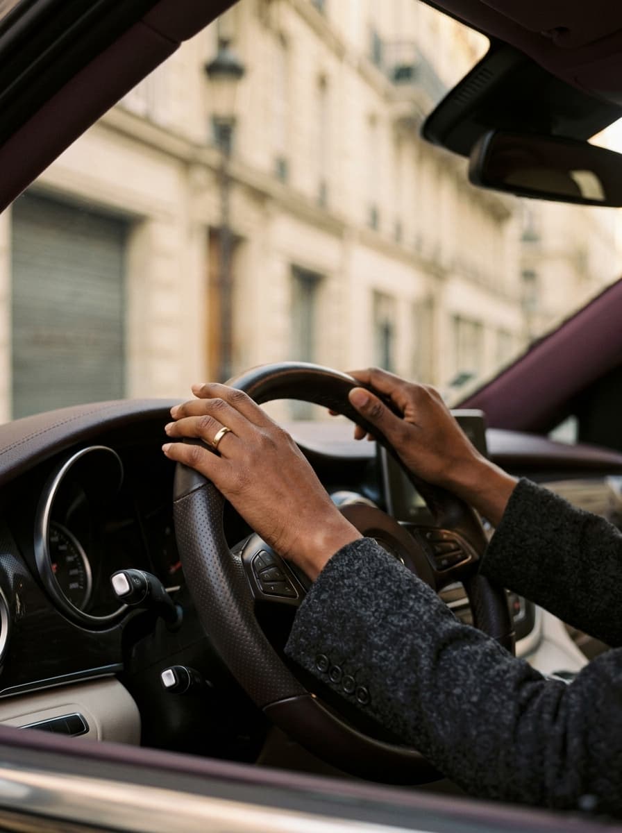 Mains d'une chauffeure sur le volant du van, dans une rue de Paris